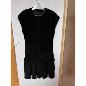BERMANS Black Suede Tiered Ruffle Cap Sleeve Button Front Dress Size 12